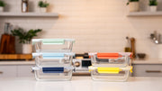 Ceywa 5-piece glass food storage container set with colorful airtight lids on kitchen countertop